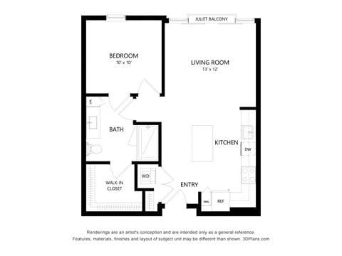 Floor plan for 1 bed, 1 bath, 743 sqft